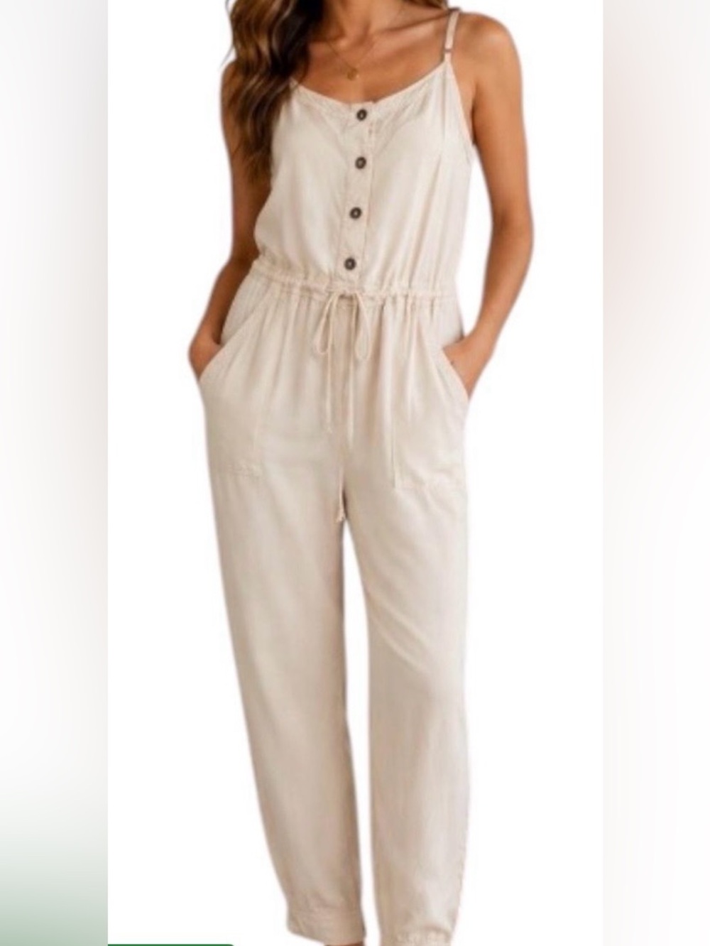 O'Neill Cream Button-Front Beachy Relaxed Drawstring Waist Jumpsuit